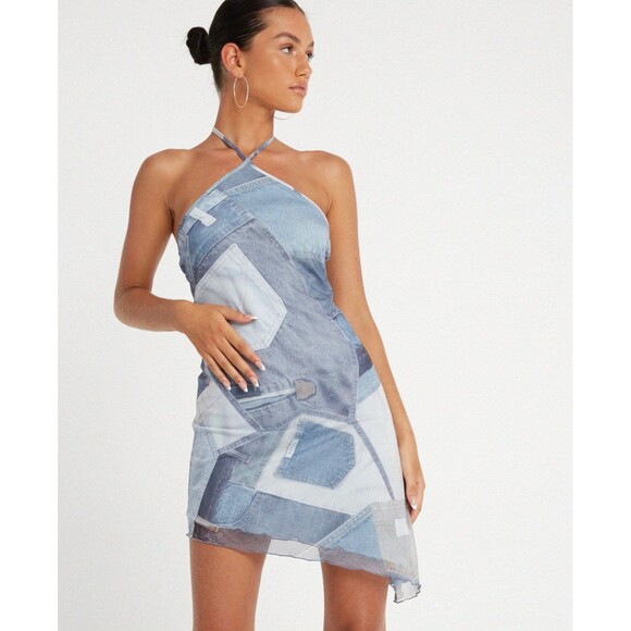 NEW motel rocks denim print mesh asymmetrical dress - Picture 1 of 3